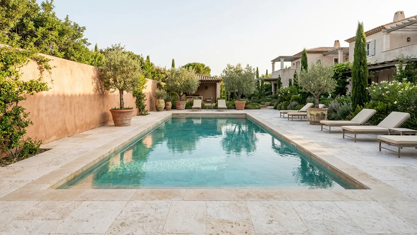 Piscina all'aperto con acqua limpida circondata da pavimentazione in pietra e piante