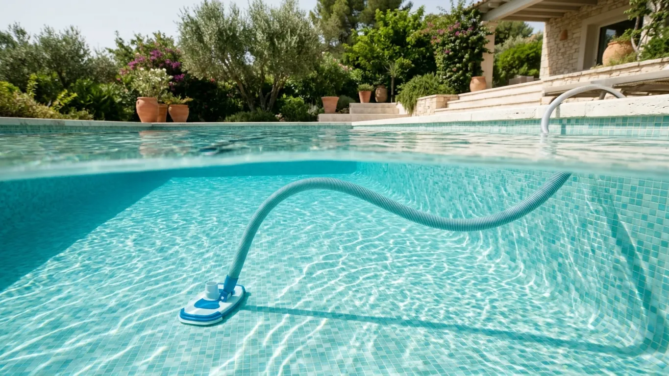 Aspiratore che pulisce il fondo di una piscina con acqua limpida