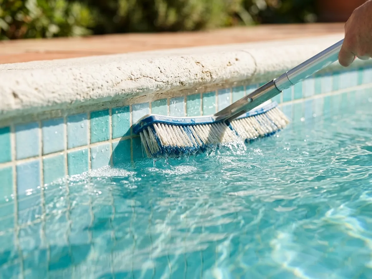 Spazzola che pulisce le piastrelle lungo la linea d'acqua della piscina