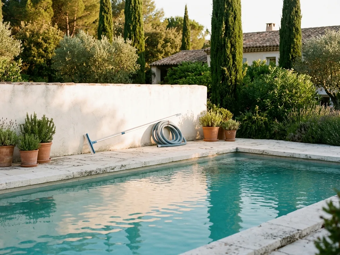 Piscina in giardino con attrezzi per la pulizia appoggiati a un muro