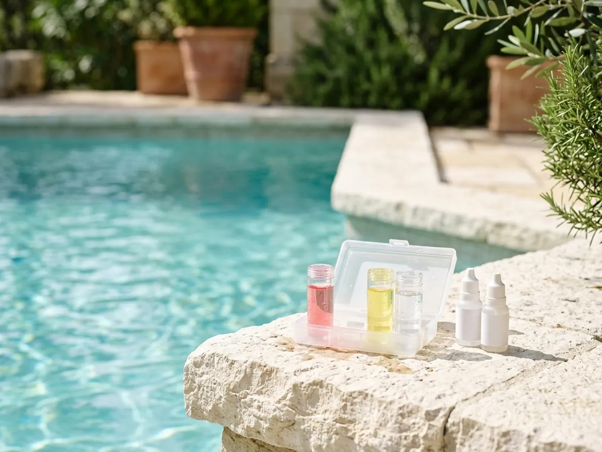 Kit per l'analisi dell'acqua appoggiato sul bordo di una piscina